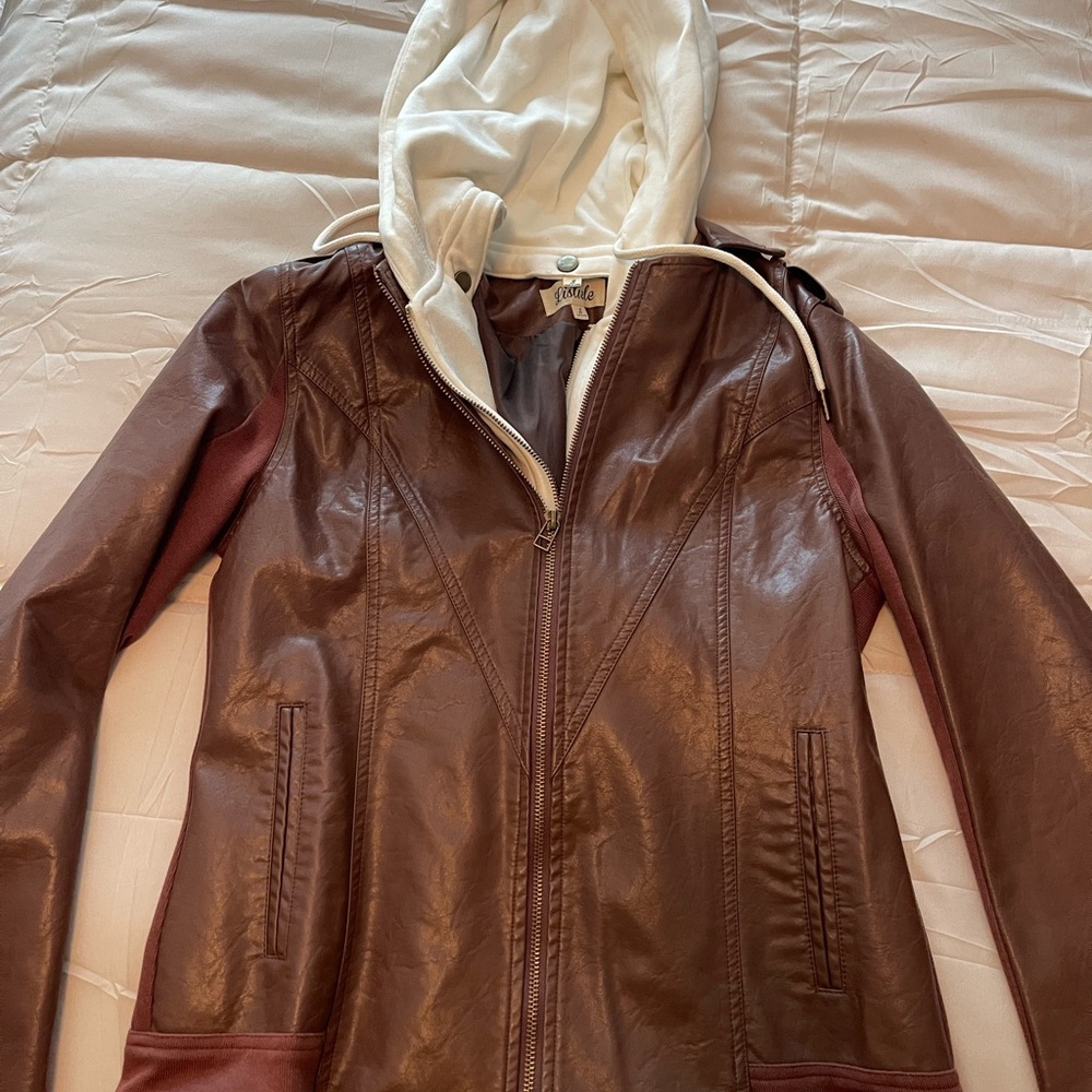 Listicle Brown Leather Jacket with Cream Hood